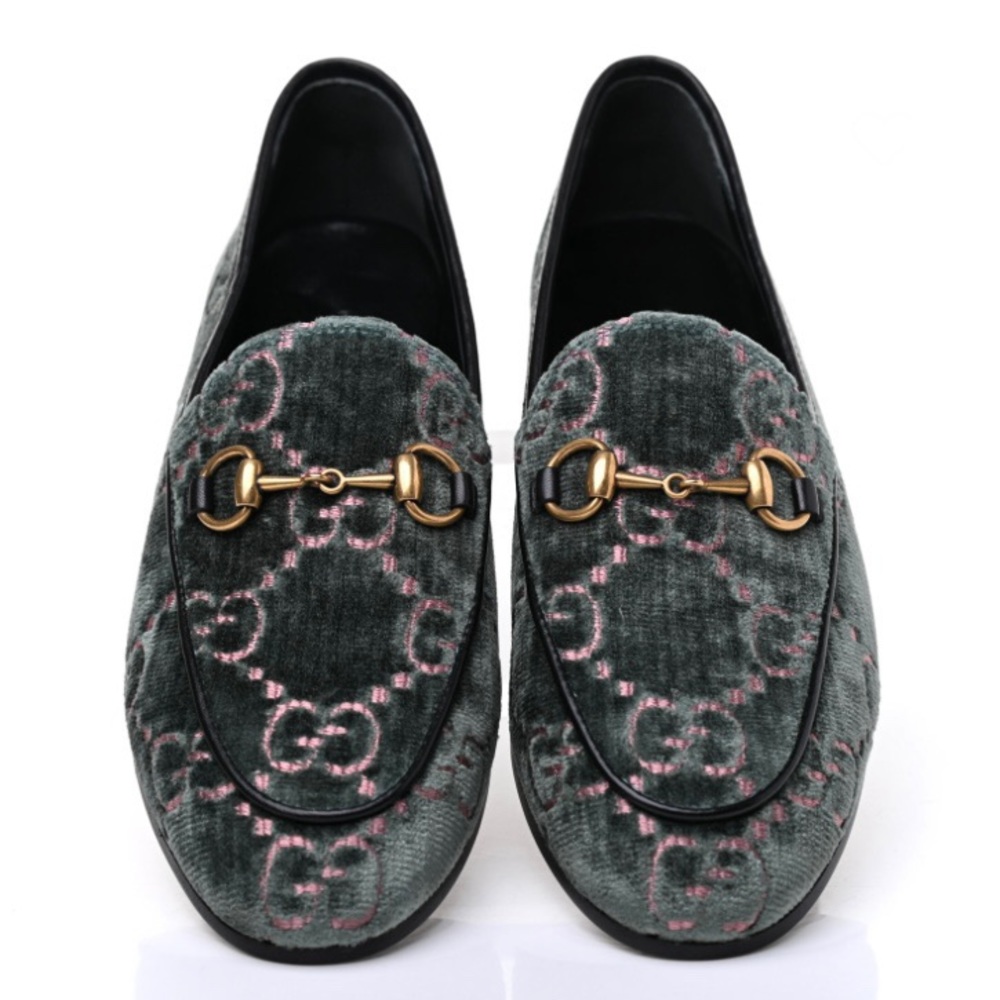 GUCCI Velvet GG Monogram Horsebit Jordaan Loafers 40.5 Avio Dusty Pink